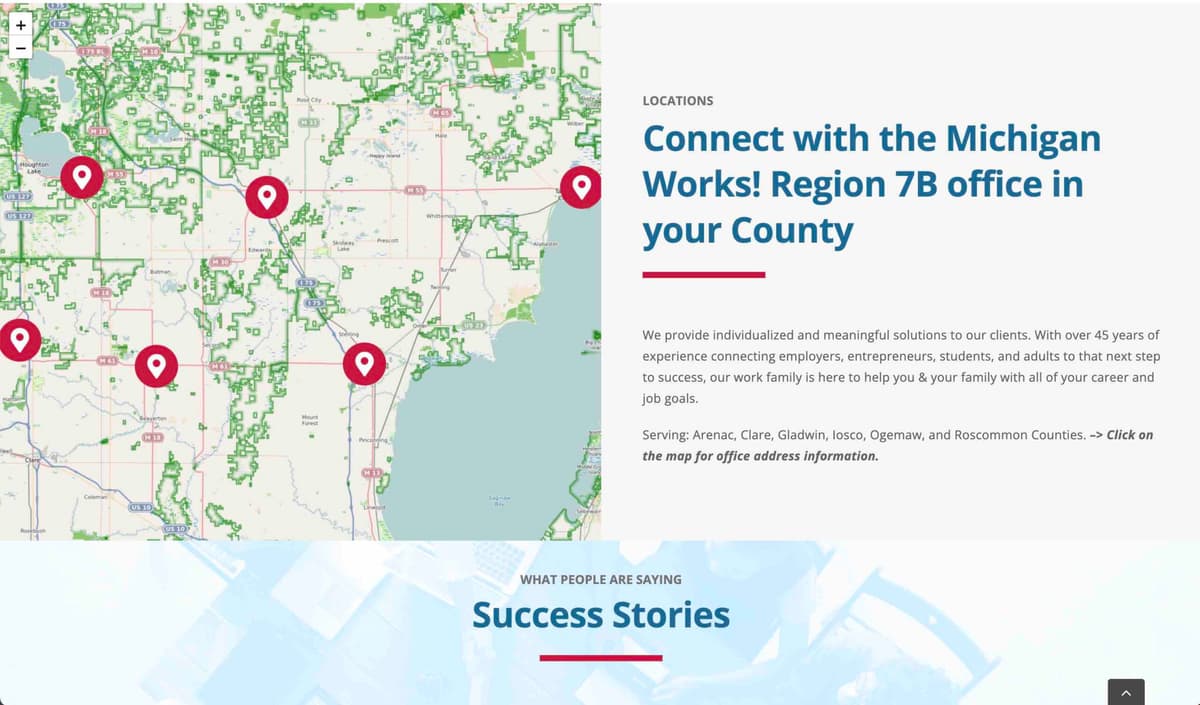 Another page from the Michigan Works! Region 7B website showing the redesigned layout and content