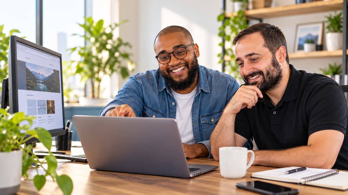 Two Contrast teammates smiling as they review a website together on a laptop