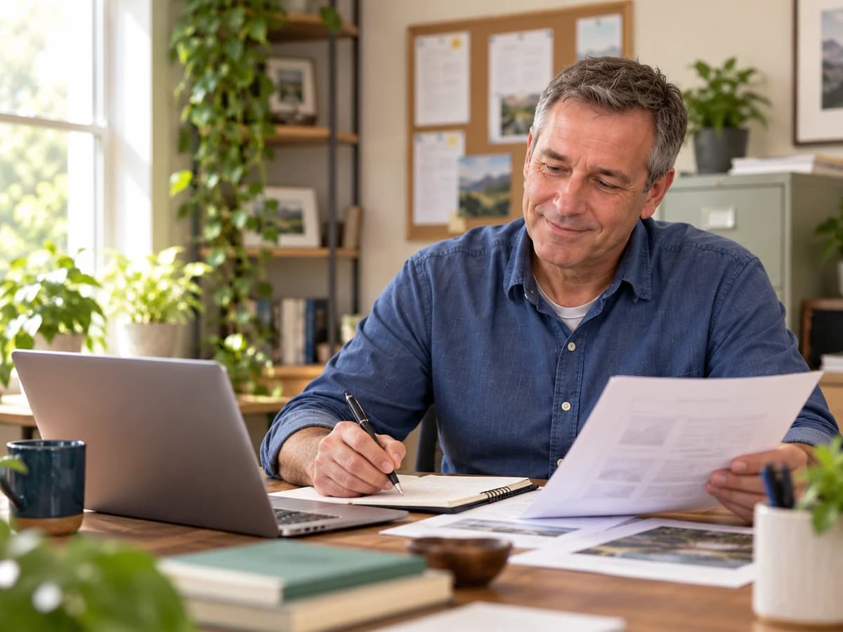 A client smiling as he reads through a printed plan and takes notes at his desk