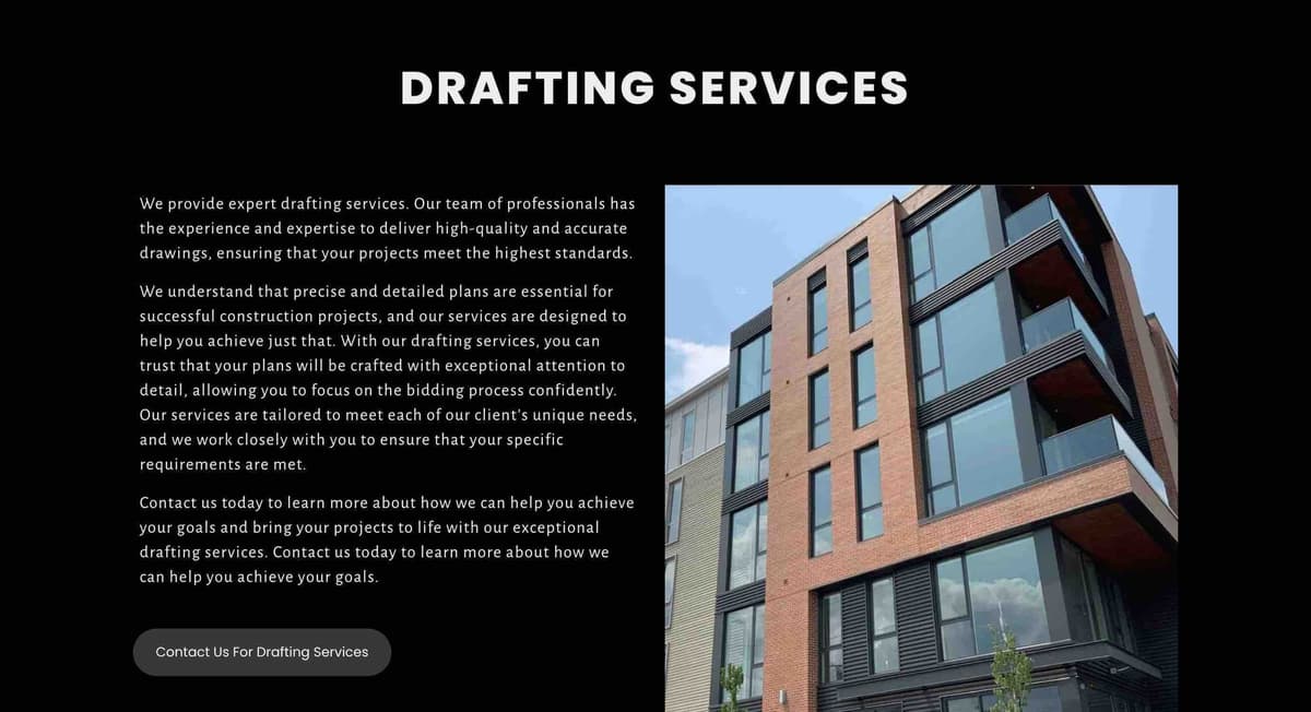 The Drafting Services section of the Carocad website, with a short description beside a photo of a modern brick apartment building