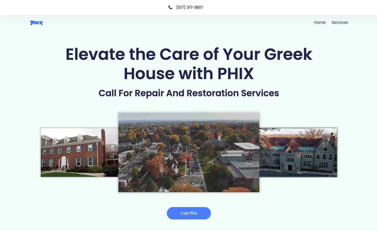 The PHIX Greek house landing page, with the headline “Elevate the Care of Your Greek House with PHIX” above photos of fraternity and sorority houses