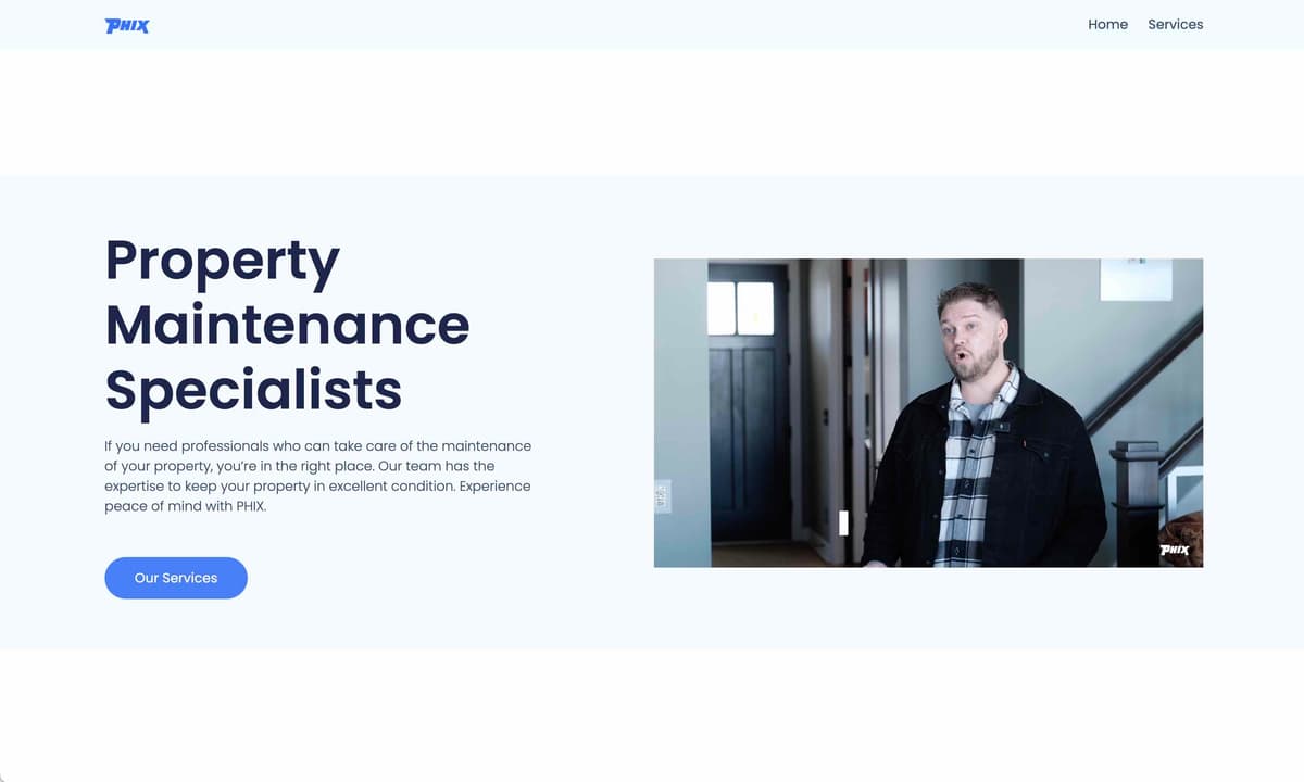 The Property Maintenance Specialists section of the PHIX website, with an Our Services button beside a video of a PHIX team member
